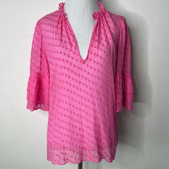 Alice + Olivia Women's Pink Julius Tier Sleeve Silk V-Neck Blouse Size Small - Picture 1 of 11